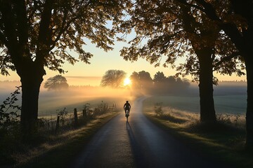 Fototapeta premium Silhouette of cyclist riding along a peaceful country road framed by trees and a glowing sunrise Serene healthy lifestyle freedom