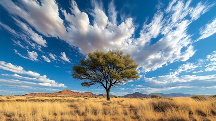 Single Tree Amidst Red Dunes in the Peaceful Desert Landscape of Namibia Under a Vivid Blue Sky