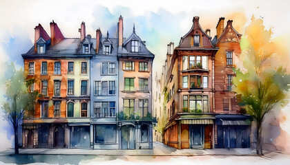 Fototapeta premium A row of stylized buildings with varied architectural styles, presented in a watercolor aesthetic