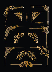 A collection of ornate gold decorative corner and border elements on a black background.