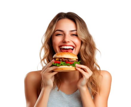 Woman eating burger, PNG
