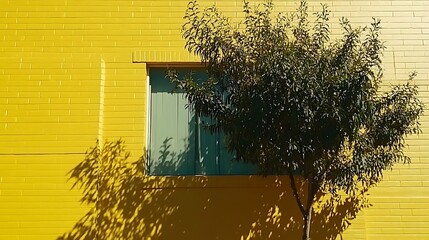 Sunlit facade with vibrant yellow brick, a window, and a verdant tree