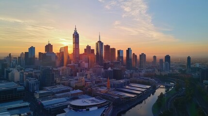 Obraz premium Sunrise cityscape, aerial view, river, city skyline, golden hour, urban, Australia, travel, promotion
