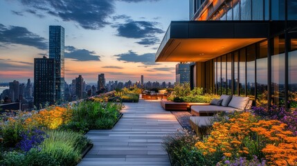 Obraz premium Luxury rooftop garden offers beautiful views of the city at dusk