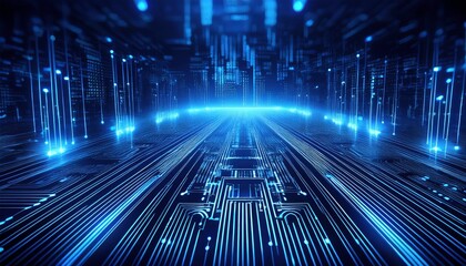 Abstract digital landscape with glowing purple and blue lines, creating a futuristic city like scene. The image is dark with bright points of light, suggesting depth and technology