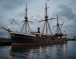 Fototapeta premium Large Historic Sailing Ship Docked at Twilight