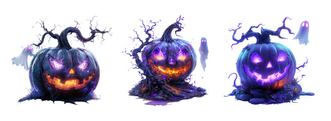 Three Eerie Halloween Pumpkins with Glowing Faces and Creepy Atmosphere