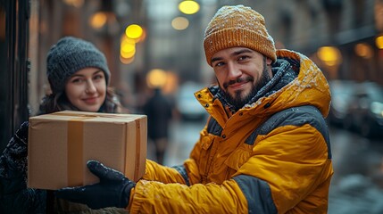 Winter package delivery action urban street lifestyle image snowy environment close-up view community concept