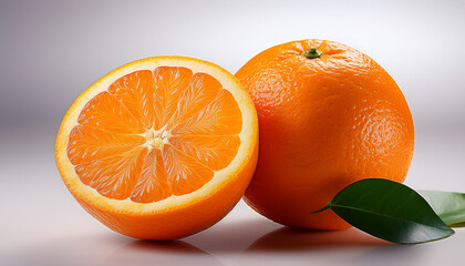 Orange still life: A vibrant orange and a half orange sit next to each other with green leaves on a table. capturing fresh juicy fruit.