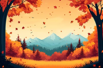 Autumn Landscape with Mountains and Forest: Vibrant Fall Leaves and Tranquil Scenery