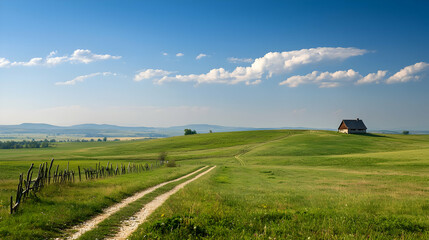 Fototapeta premium Countryside Road Through Green Fields Under Sunny Sky