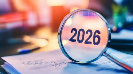 Year 2026 highlighted with magnifying glass for business analysis and future planning concept