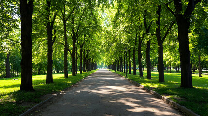 Fototapeta premium Park Alley Lined With Green Trees On A Sunny Day