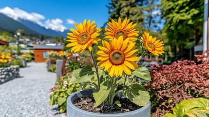 Cheerful sunflowers in a pot against scenic background in a vibrant outdoor setting