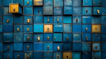 Vintage Rusty Metal Lockers Wall, A textured wall of vintage, rusty metal lockers in blue and yellow hues