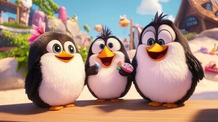 Naklejka premium Three cute penguins enjoying snacks on tropical beach