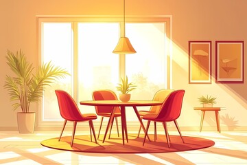 Fototapeta premium Modern Dining Room Interior Design with Cozy Atmosphere and Natural Light: Stylish Furniture, Elegant Decor, and Inviting Space