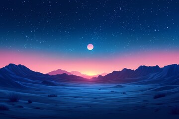Fototapeta premium Digital Art Fantasy Landscape: Serene Nightfall with Starry Sky, Vivid Colors and Silhouettes