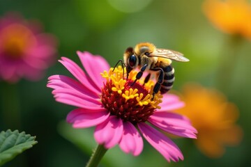 A bee collecting nectar from a colorful flower, bees, flowers
