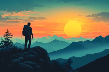 Obraz premium Adventure Hiking at Sunset: Serene Mountains and Vibrant Landscapes