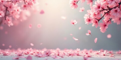 abstract pink sakura petals fall in a swirling motion against a muted gray and beige backdrop, sakura, season