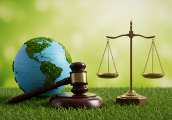 Green law concept. international environmental law Legal hammer placed on the desk, Climate or environmental justice Law on green forest conservation economy Environmental protection, biodiversity, ca