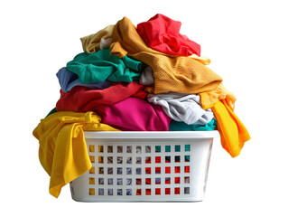 White Laundry Basket Overflowing with Colorful Clothes on Transparent Background