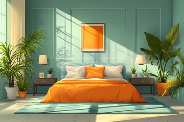Minimalist Bedroom Interior Design with Green Walls and Orange Accents Featuring Potted Plants and Natural Light