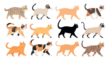 Fototapeta premium Diverse cartoon cats walking, isolated vector set