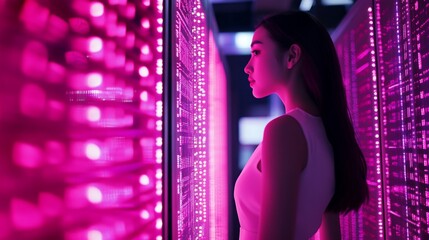 Young woman immersed in a vibrant, futuristic magenta light installation