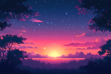 Naklejka premium Spectacular Sunset Scenery: Vibrant Nature Illustration with Starry Night Sky and Tranquil Horizon