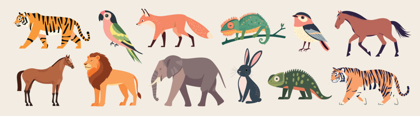Obraz premium Colorful animal vector illustrations, isolated vector set