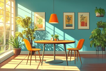 Fototapeta premium Modern Dining Room Interior with Orange Chairs and Wooden Table – Bright Colors, Natural Light and Creative Decor with Plants and Geometric Design