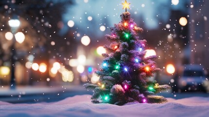 Obraz premium Christmas Tree in Winter Scenery, A Magical Holiday Ambiance on Snow