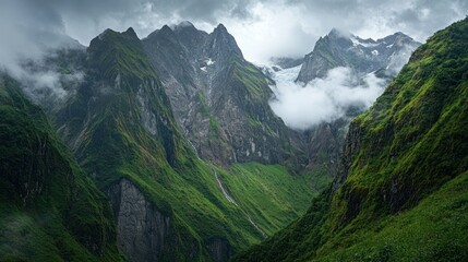 Fototapeta premium A dramatic view of mountain peaks with cloudy atmosphere