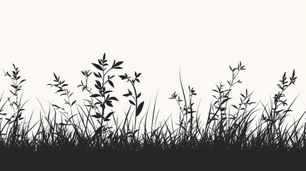 Silhouette of Grass and Plants against Black Nature Background - Vector Art for Decorative Wildlife and Flora Illustrations