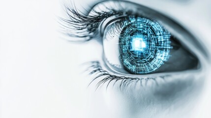 Close-up of a futuristic robotic eye with digital elements