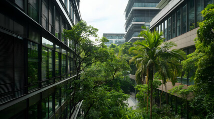 Urban Greenery Between Modern Buildings