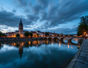 Fototapeta premium Cityscape Reflection on River with Bridge and Tower at Dusk