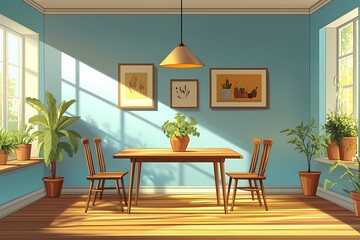 Fototapeta premium Modern Dining Room Interior Design with Wooden Table, Potted Plants & Warm Ambiance