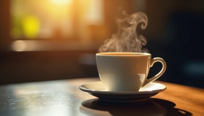 Coffee cup with rising steam on a surface, foggy, rising