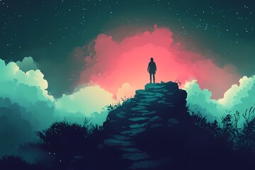 Colorful Digital Landscape Illustration: Starry Night Adventure with Mountains and Mystical Sky