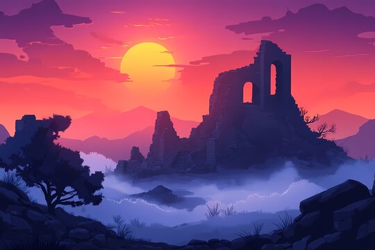 Epic Sunset Landscape with Ancient Ruins: Dreamy Digital Art and Mystical Scenery