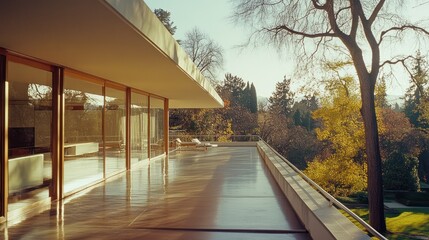 A modern home exterior with large windows and a deck