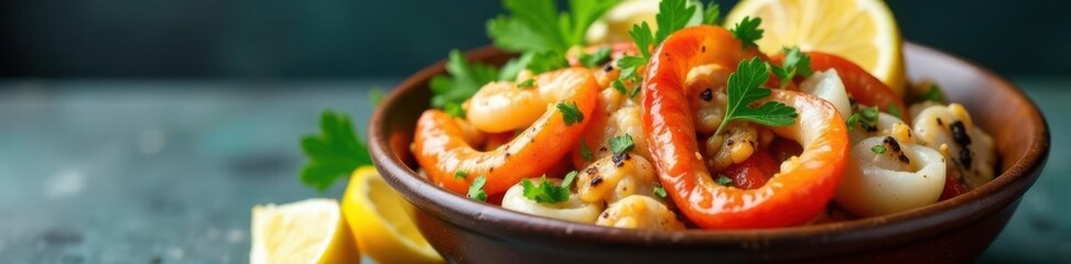 Colorful bowl of seafood including fish and squid with lemons and herbs , herb, seafood