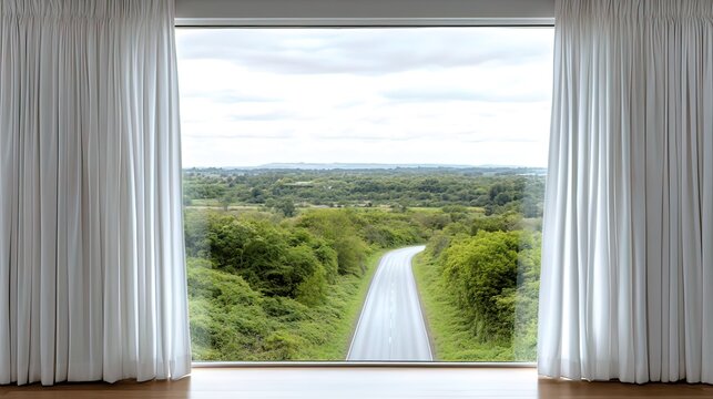Fototapeta Serene garden view through window soft greens and whites peaceful nature image