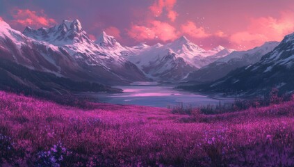 Fototapeta premium Majestic mountain range overlooking a serene lake, surrounded by vibrant purple wildflowers