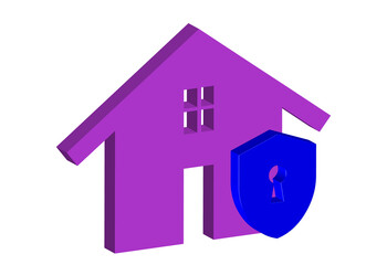3D Illustration of a purple house with a blue lock on the door. The lock is on the door of the house, which is situated in a transparet background.Format PNG