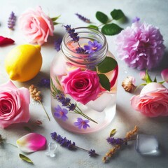 Infused Water and Lemonade with ice : Flowers like rose petals, lavender, and hibiscus can be added to infused water or lemonade for a refreshing and visually appealing drink.