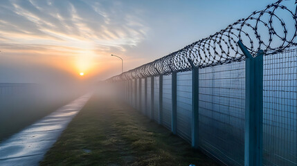 Sunrise Over Foggy Landscape with Metal Fence